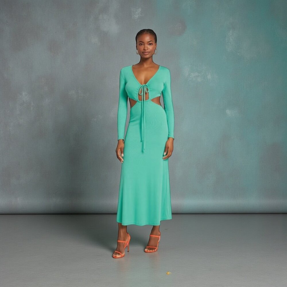 New York & Company Ribbed-Knit Cut-Out Midi Dress Green L